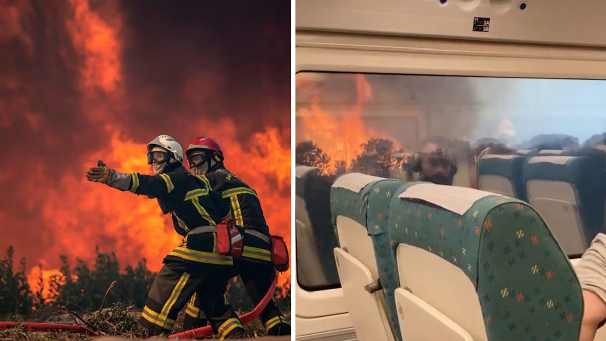 Passagerare såg hjälplöst på i flera minuter när föraren saktade ner tåget​ medan elden fortskred på båda sidor om tågspåret.